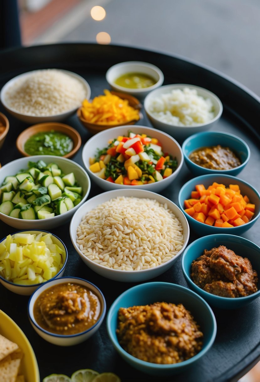 A table with assorted ingredients like puffed rice, chopped vegetables, and chutneys laid out for making bhelpuri