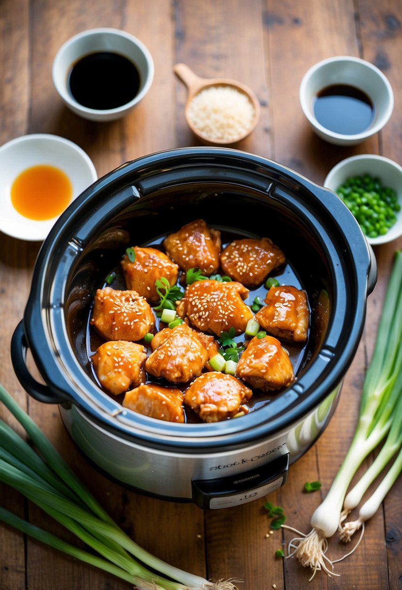 A slow cooker filled with sesame chicken, surrounded by ingredients like soy sauce, sesame seeds, and green onions