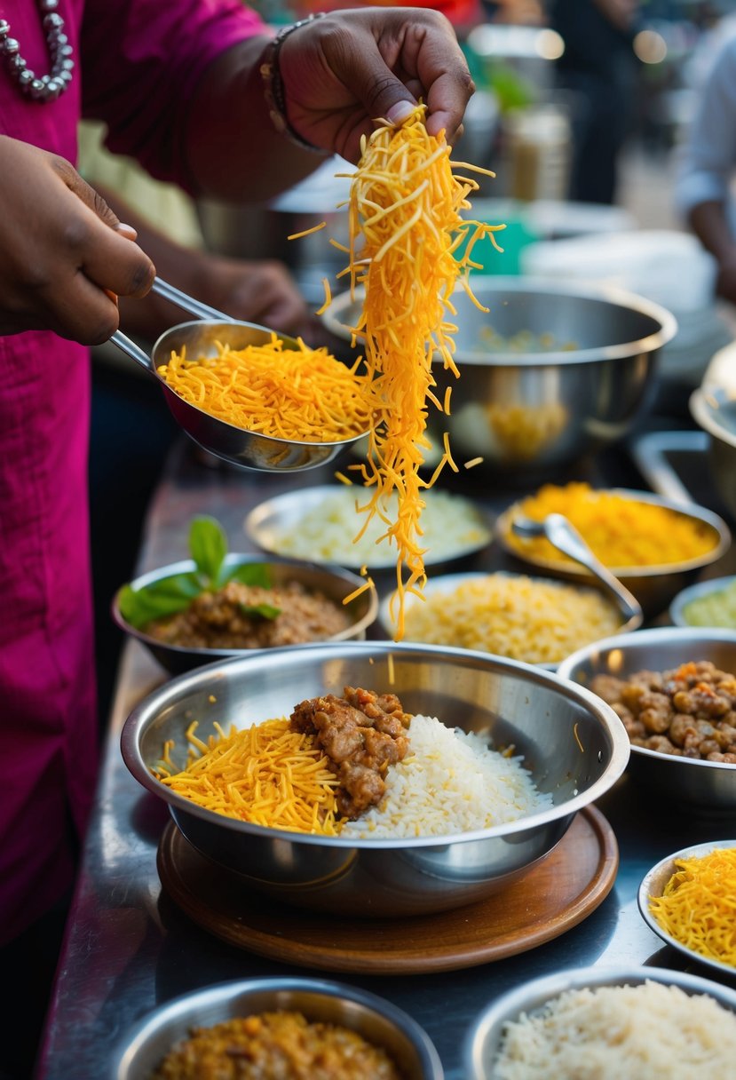 A street vendor mixes crunchy sev, puffed rice, and tangy chutneys in a stainless steel bowl to prepare classic Mumbai style Bhel Puri