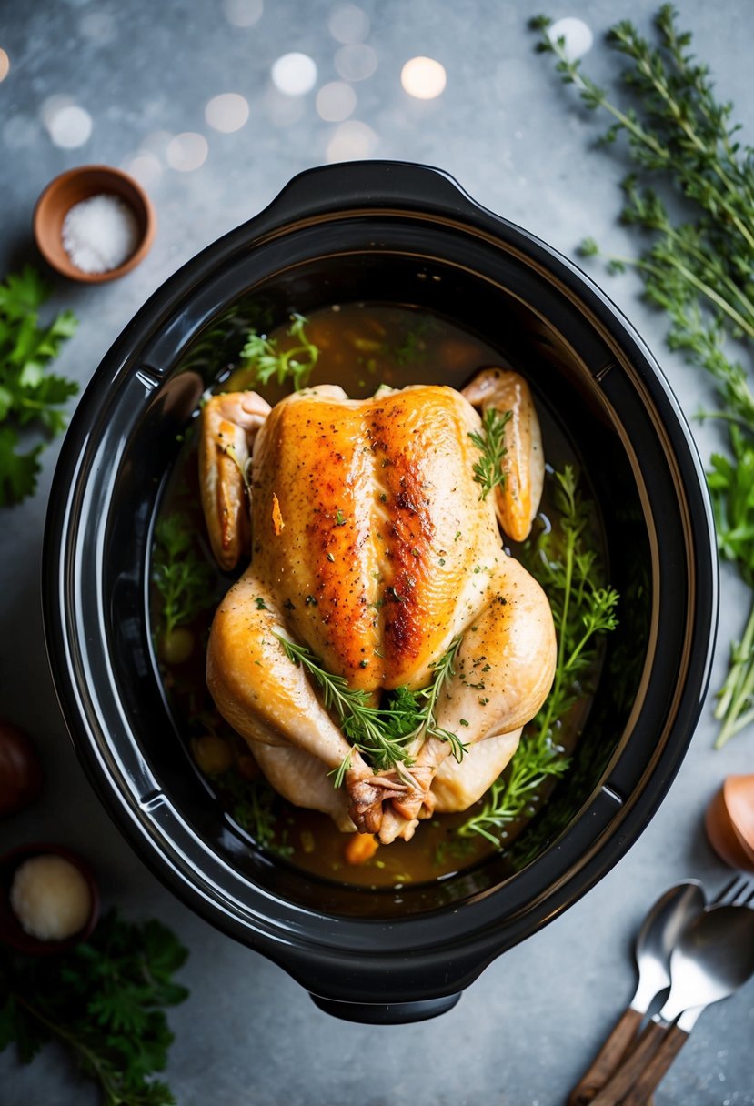 A whole chicken surrounded by fresh herbs in a slow cooker