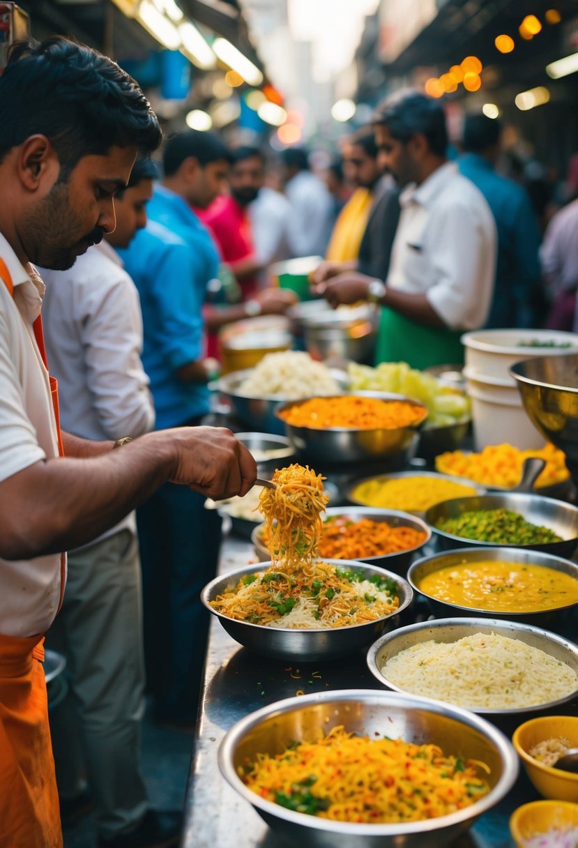 A street vendor preparing tangy Delhi Bhel Puri on a crowded market stall