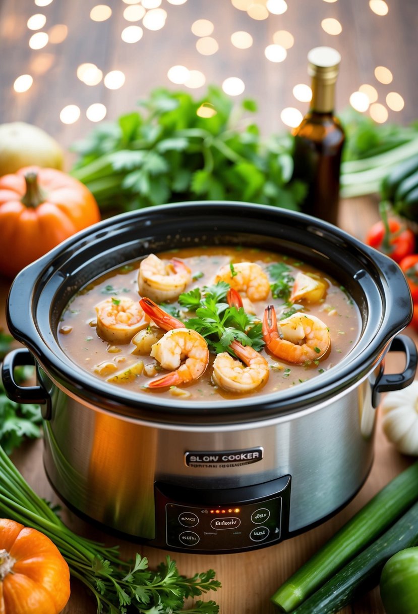 A slow cooker filled with chicken gumbo and shrimp, surrounded by fresh vegetables and aromatic herbs