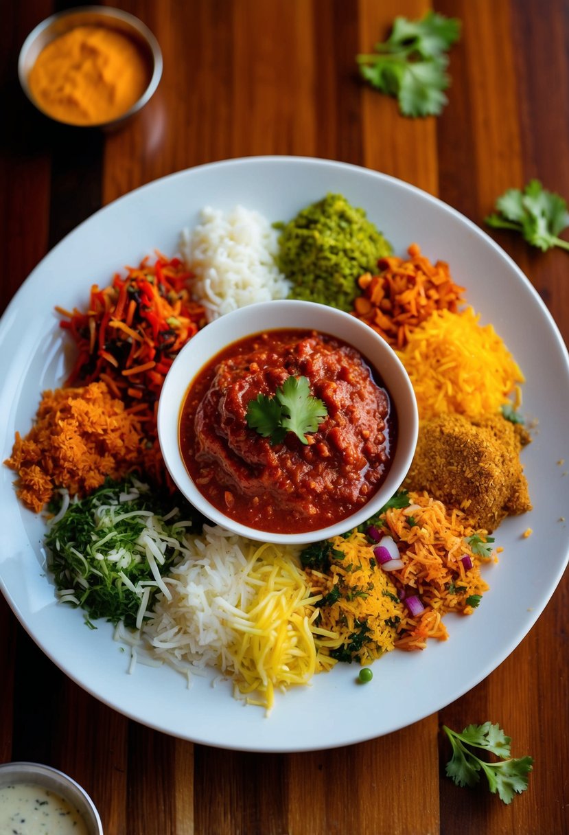 A plate of spicy red chutney bhel bhelpuri, with various ingredients mixed together in a colorful and appetizing display