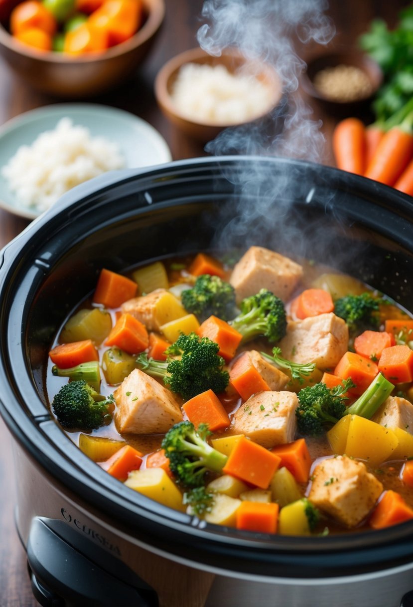 A colorful array of vegetables and tender chunks of chicken simmer in a bubbling slow cooker, creating a mouthwatering aroma