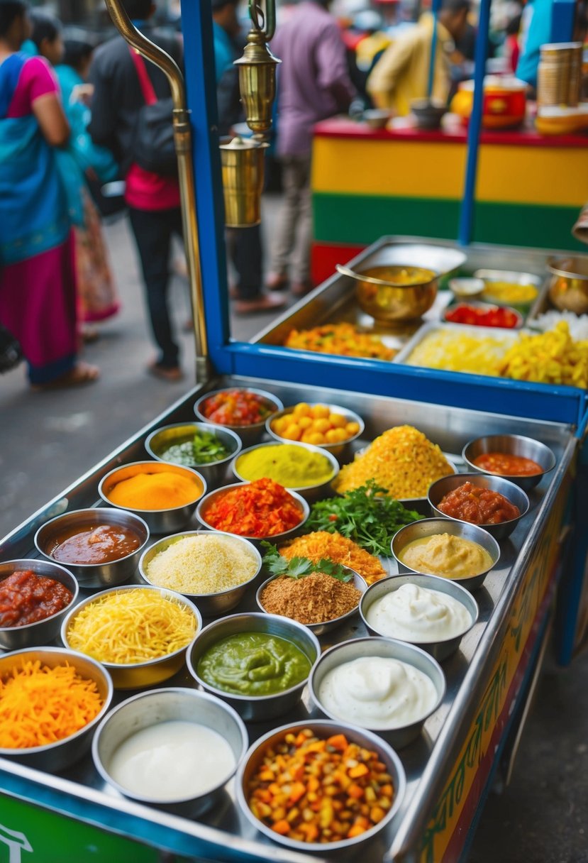 A colorful street food cart with various ingredients and condiments laid out for making sweet and sour chutney bhel bhelpuri