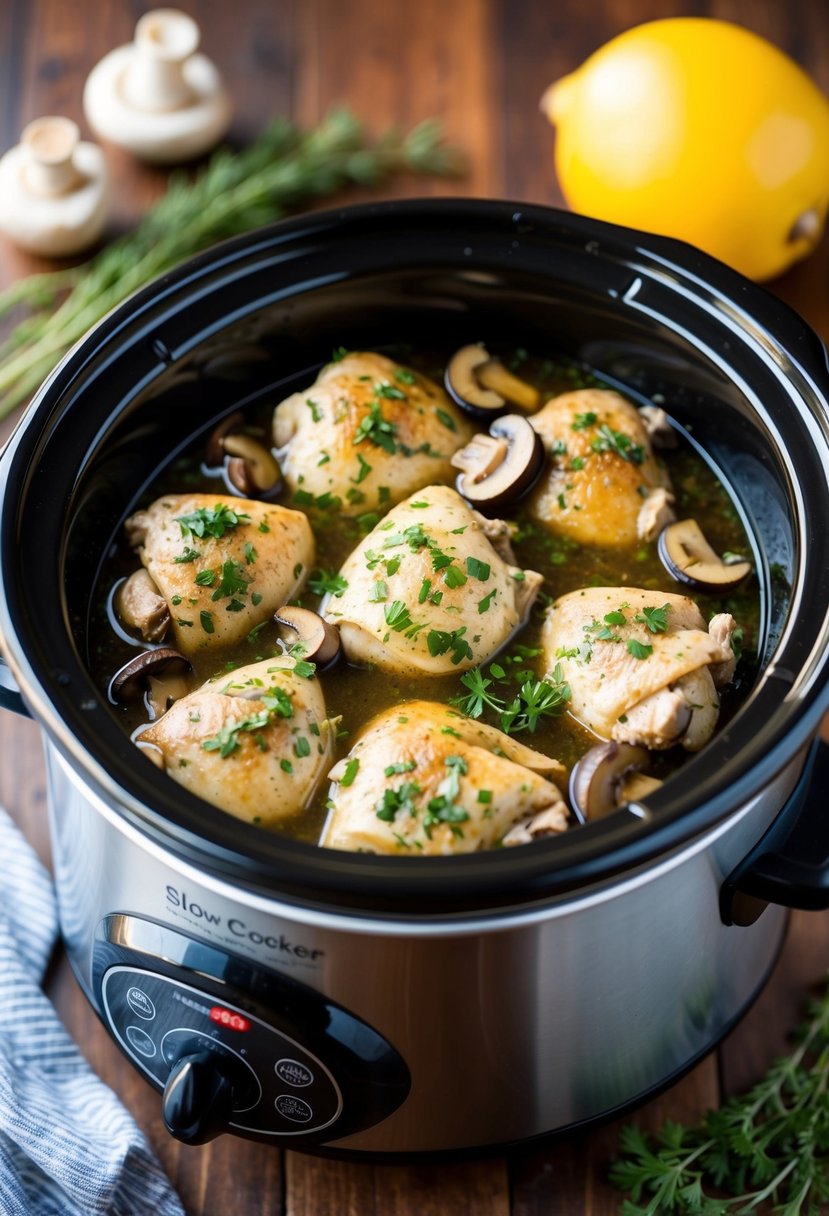 A slow cooker filled with herb-infused chicken and mushrooms simmering in a savory broth