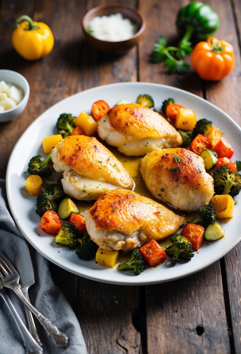 A platter of golden-brown baked chicken breasts surrounded by colorful roasted vegetables on a rustic wooden table