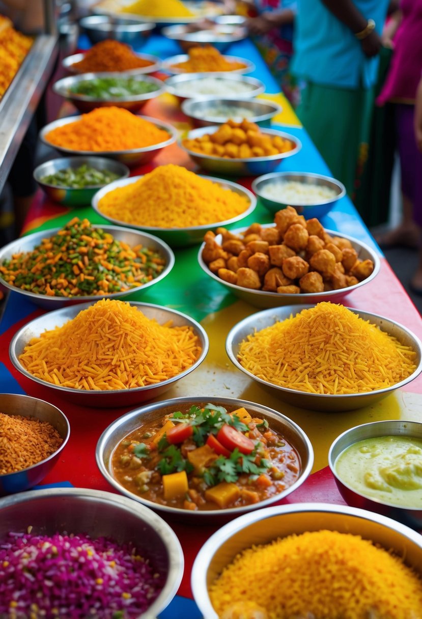 A colorful street food stall with a variety of crispy sev puri and bhelpuri ingredients displayed on a vibrant table