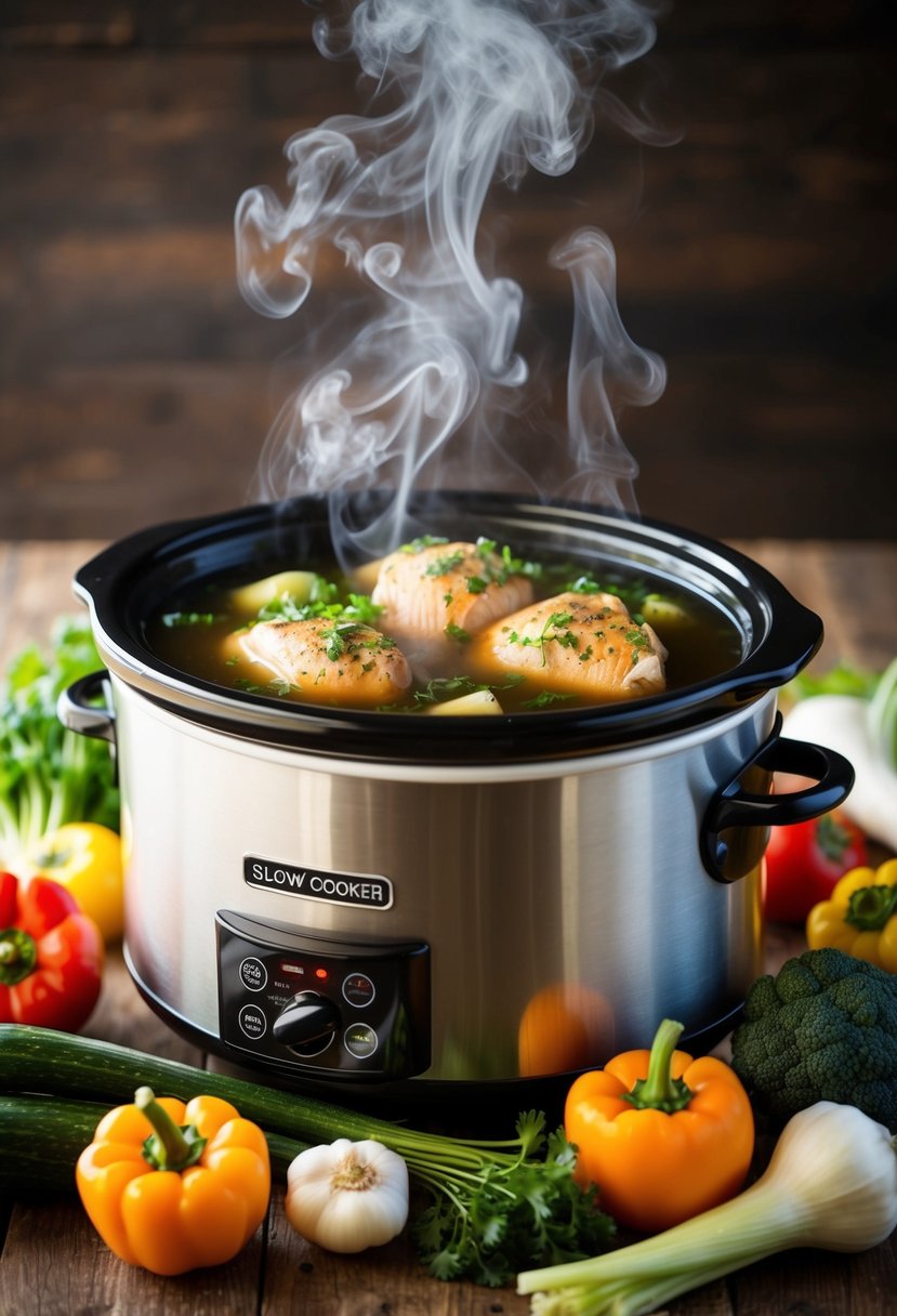 A slow cooker surrounded by fresh vegetables and chicken submerged in a flavorful broth, steam rising from the pot