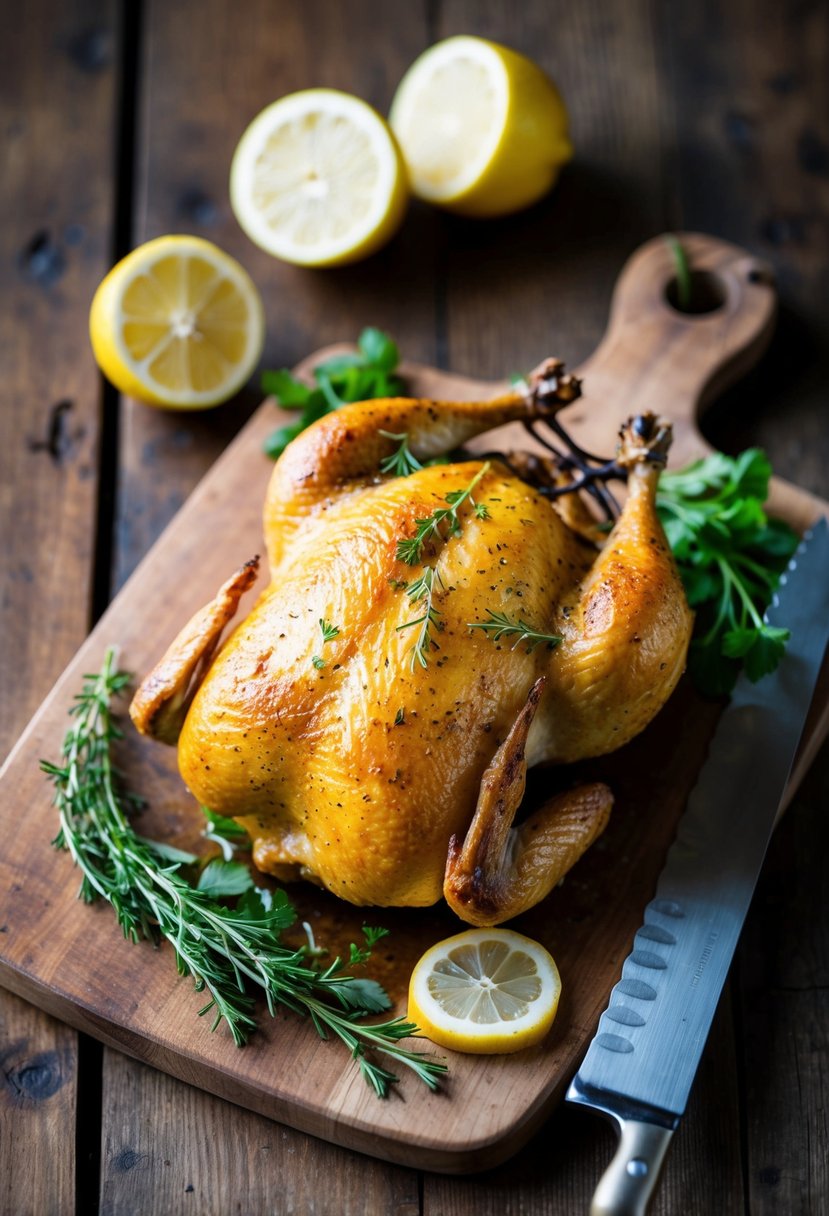 A golden-brown baked chicken with lemon slices and fresh herbs on a rustic wooden cutting board