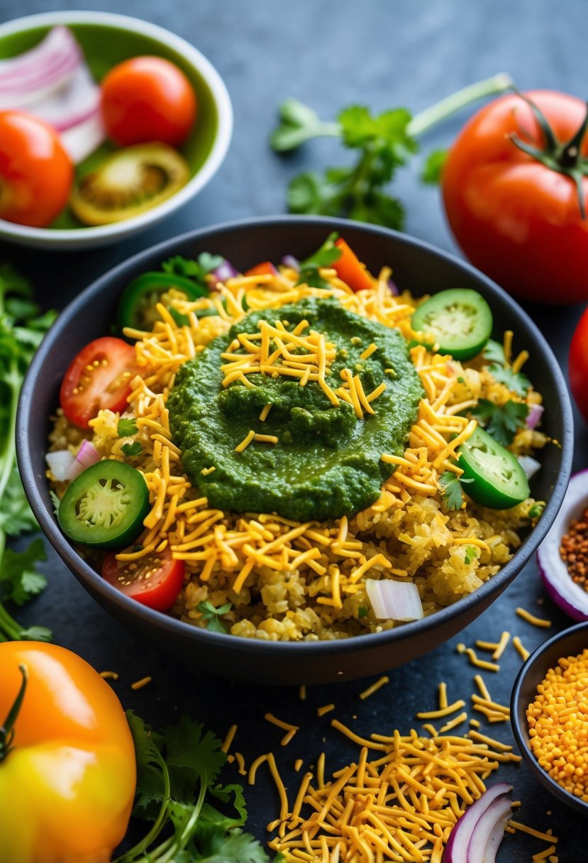 A bowl of bhelpuri topped with vibrant green chutney, fresh vegetables, and crunchy sev, surrounded by colorful ingredients like tomatoes, onions, and cilantro