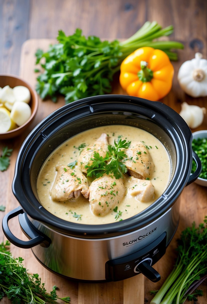 A slow cooker filled with creamy Caesar sauce and tender chicken, surrounded by fresh herbs and vegetables