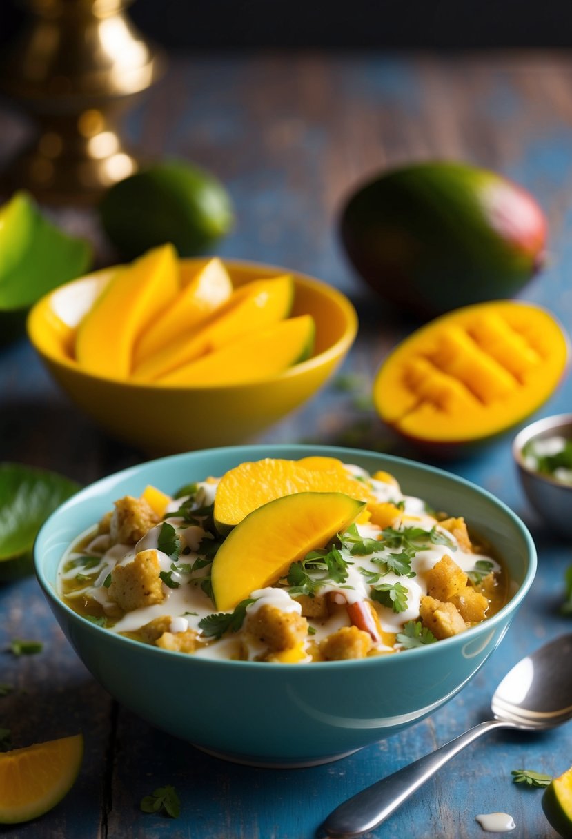 A vibrant bowl of bhel puri topped with mango slices and infused with the sweet aroma of ripe mangoes