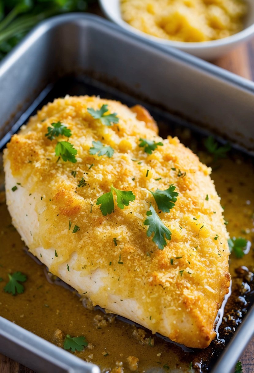 A golden-brown chicken breast coated in a savory garlic parmesan crust, fresh out of the oven and garnished with herbs