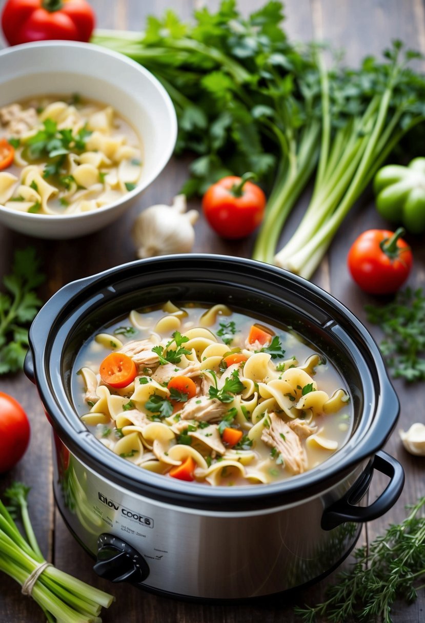 A slow cooker filled with chicken noodle soup surrounded by fresh vegetables and herbs