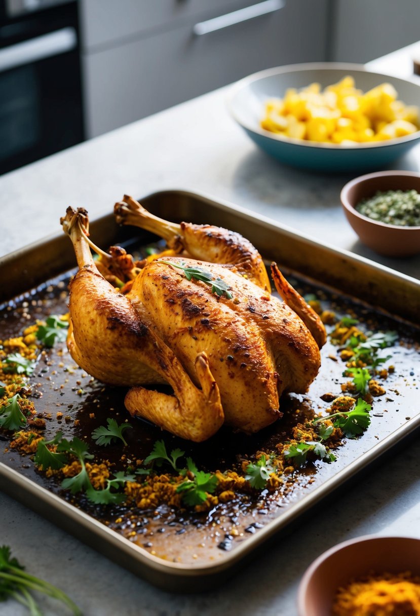 A succulent tandoori spiced baked chicken, surrounded by vibrant herbs and spices, sizzling on a baking tray in a modern kitchen