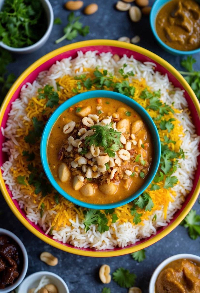 A colorful bowl of Peanut Crunch Bhel Puri, surrounded by various ingredients like puffed rice, peanuts, and chutneys, with a sprinkle of fresh herbs on top