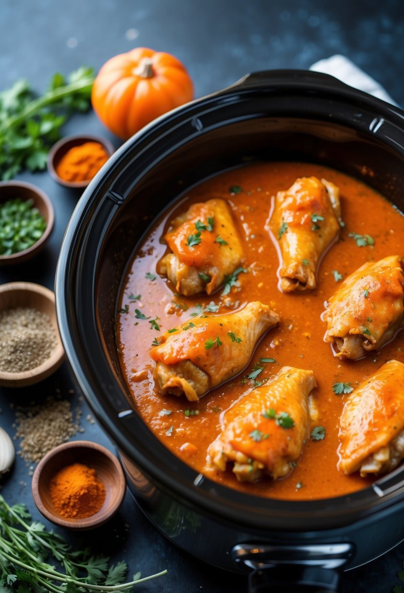 Chicken wings simmering in a slow cooker with buffalo sauce, surrounded by spices and herbs