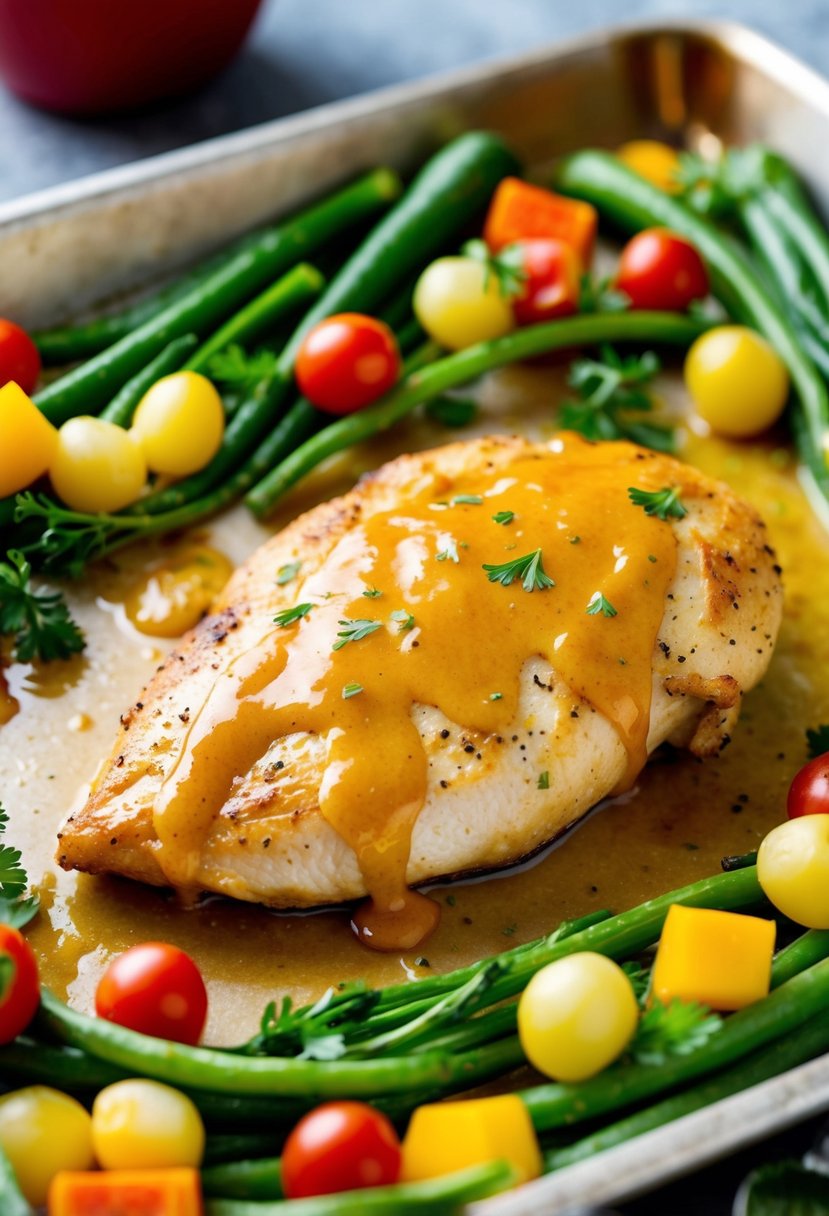 A golden-brown chicken breast coated in honey mustard glaze, surrounded by a colorful array of fresh vegetables on a baking sheet