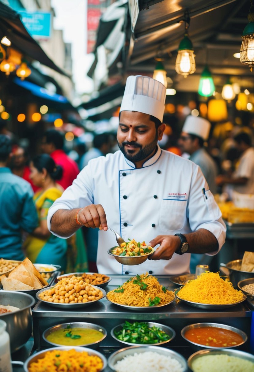 A vibrant street food stall with a chef preparing chickpea loaded Bhel Puri amidst a bustling market