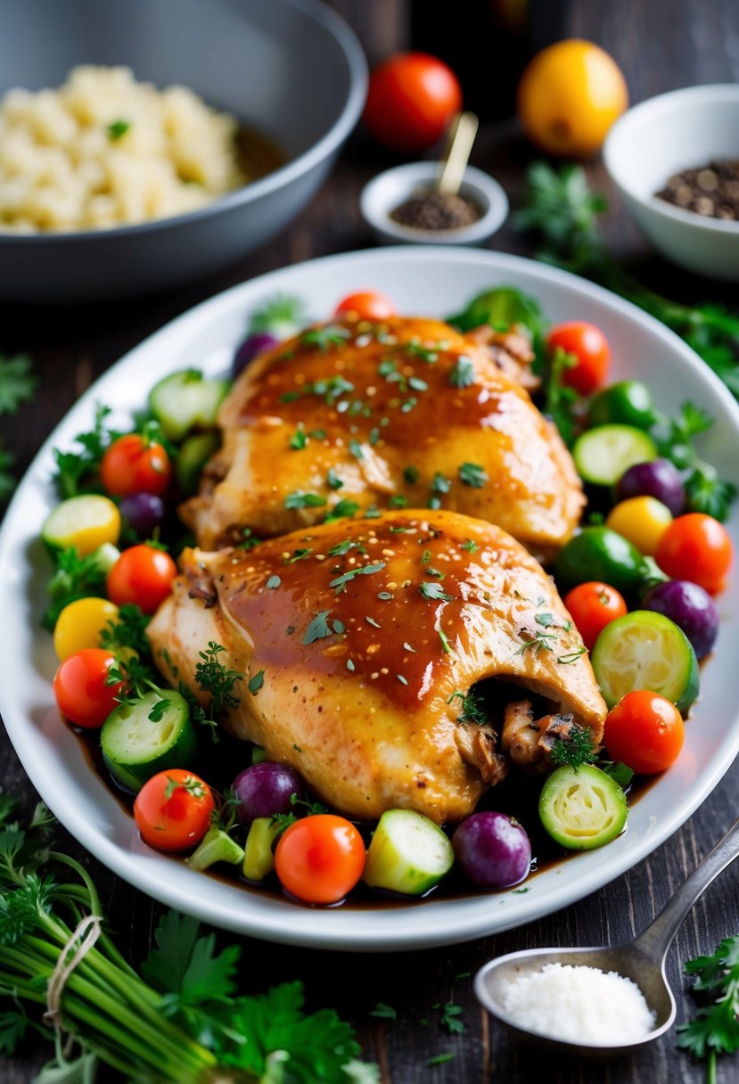 A platter of marinated balsamic chicken surrounded by colorful vegetables and herbs, fresh from the oven