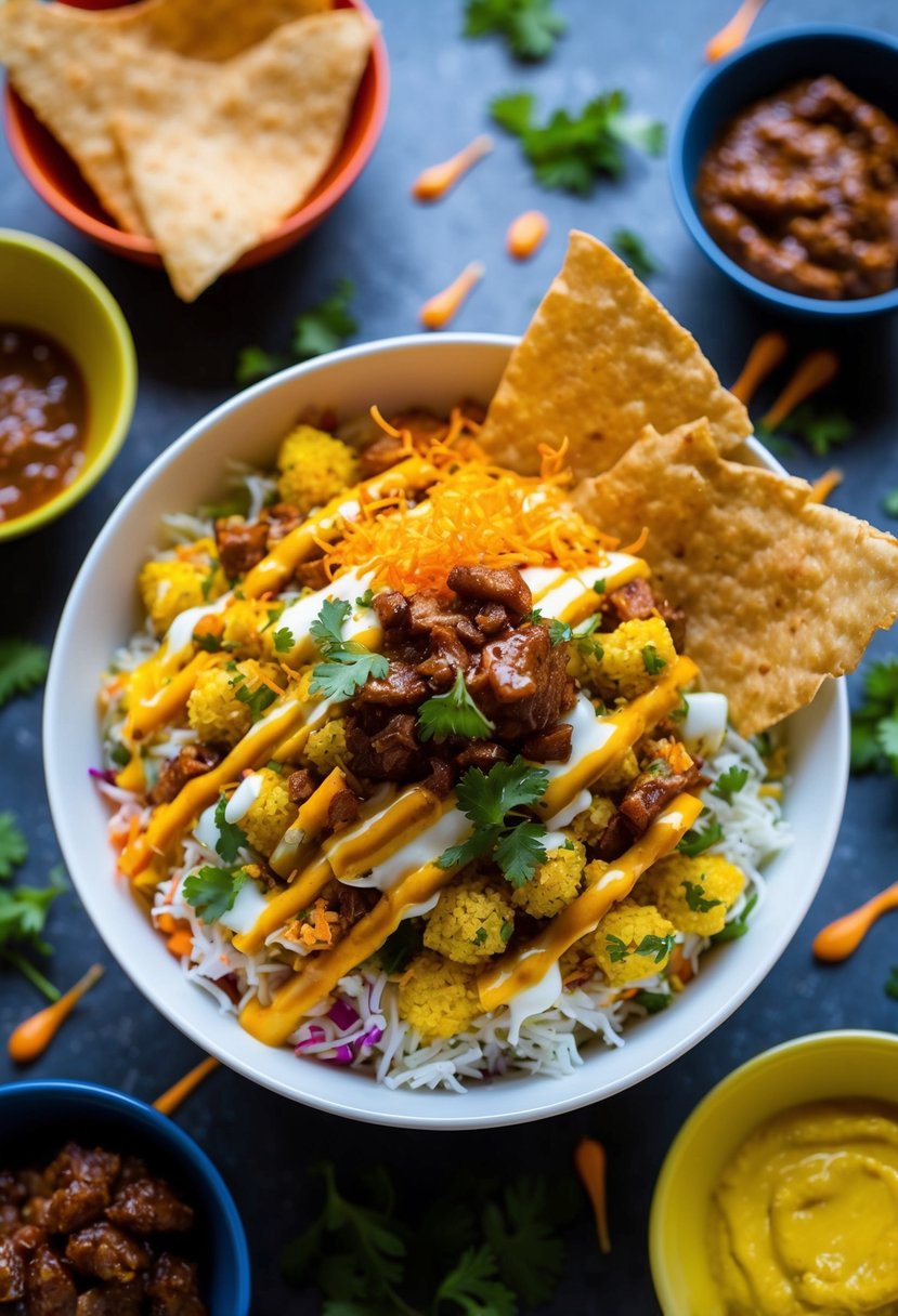 A colorful bowl filled with crunchy bhel puri topped with crispy papdi and drizzled with tangy chutneys, surrounded by scattered ingredients