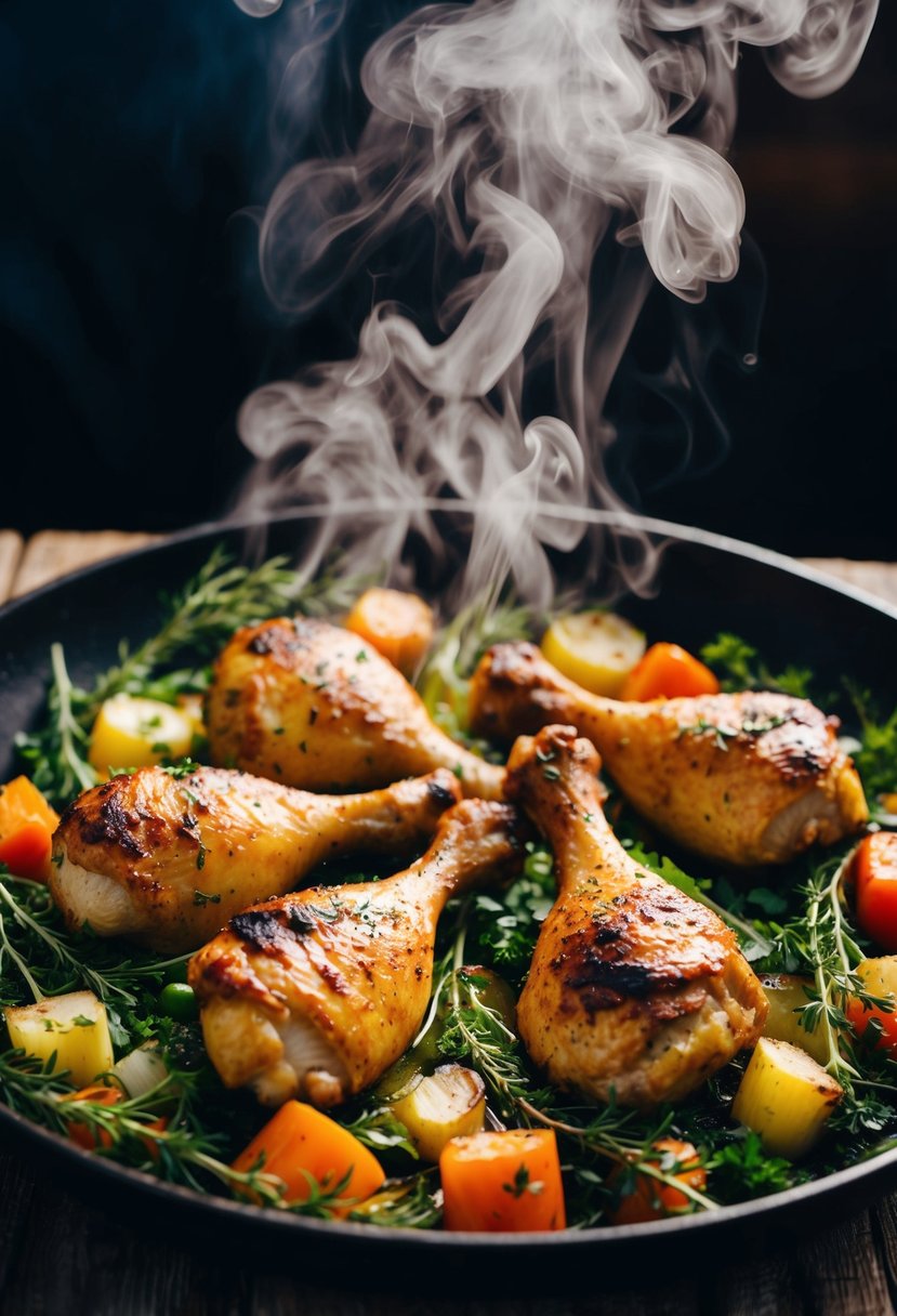 Golden-brown chicken drumsticks on a bed of fresh herbs and roasted vegetables, surrounded by aromatic steam