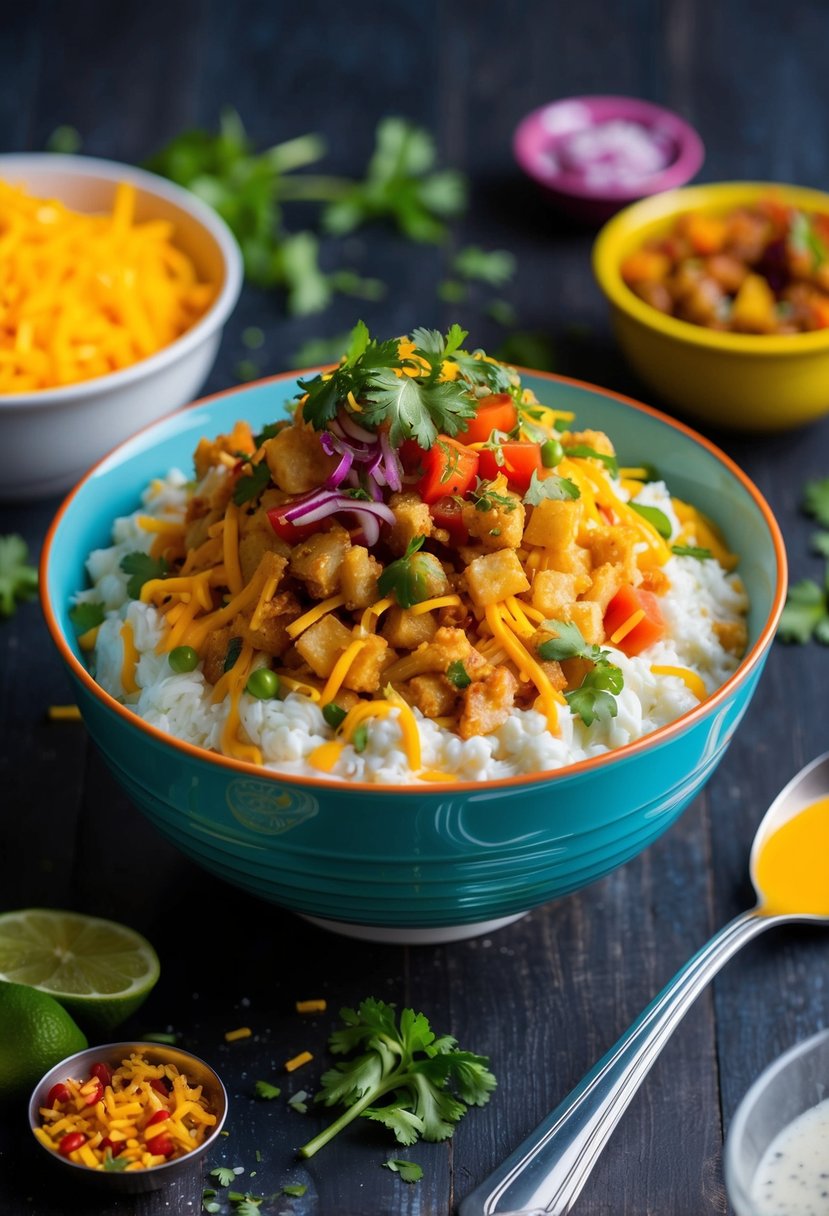 A vibrant bowl of Cheese Burst Bhel Puri, topped with colorful ingredients and bursting with flavor