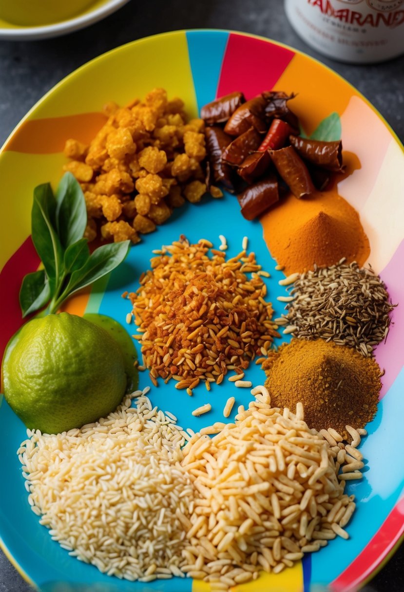 A colorful array of ingredients - tamarind, zingy spices, and crunchy puffed rice - arranged on a vibrant plate