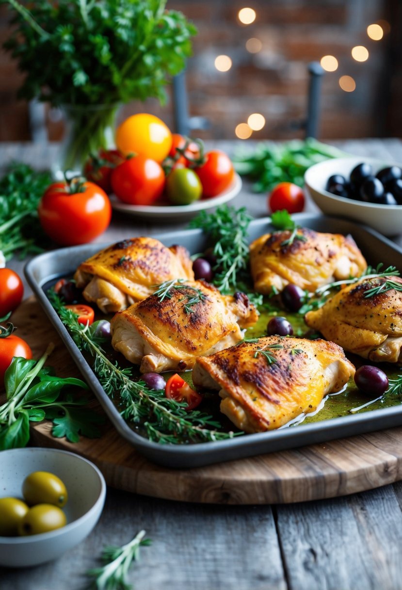 A rustic kitchen table set with a colorful array of Mediterranean baked chicken thighs, surrounded by fresh herbs, tomatoes, and olives