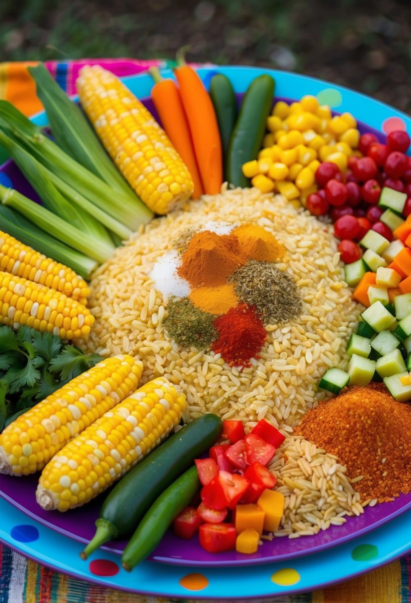 A colorful array of fresh corn, crunchy puffed rice, diced vegetables, and a variety of spices arranged on a vibrant serving platter