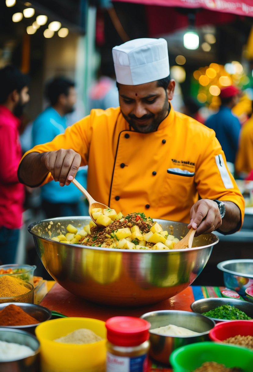 A colorful street food stall with a chef mixing potato bhel ingredients in a large bowl, surrounded by various spices and condiments