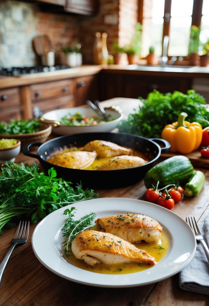 A rustic kitchen with a wooden table set for a meal, featuring Tuscan style baked chicken breasts, surrounded by fresh herbs and colorful vegetables