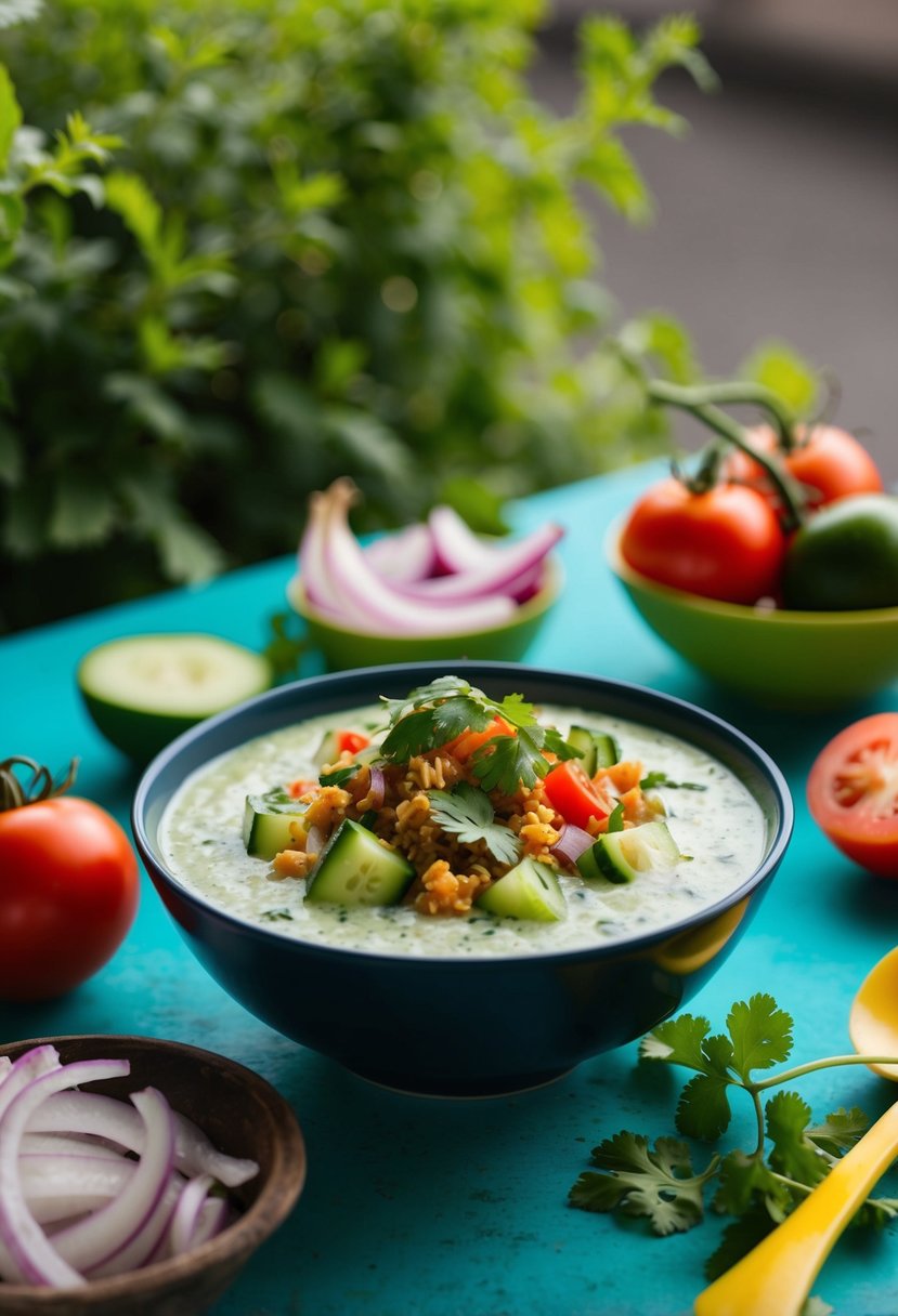 A bowl of cucumber bhel sits on a vibrant table, surrounded by fresh ingredients like tomatoes, onions, and cilantro. A gentle breeze rustles the nearby greenery