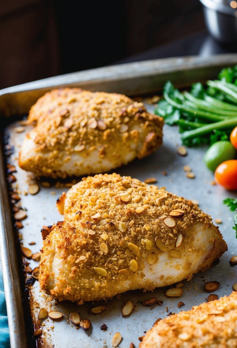 Golden-brown almond-crusted chicken on a baking sheet with a side of fresh vegetables