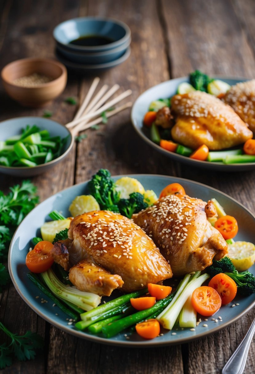 A platter of Asian Ginger-Soy Baked Chicken surrounded by fresh vegetables and garnished with sesame seeds on a rustic wooden table