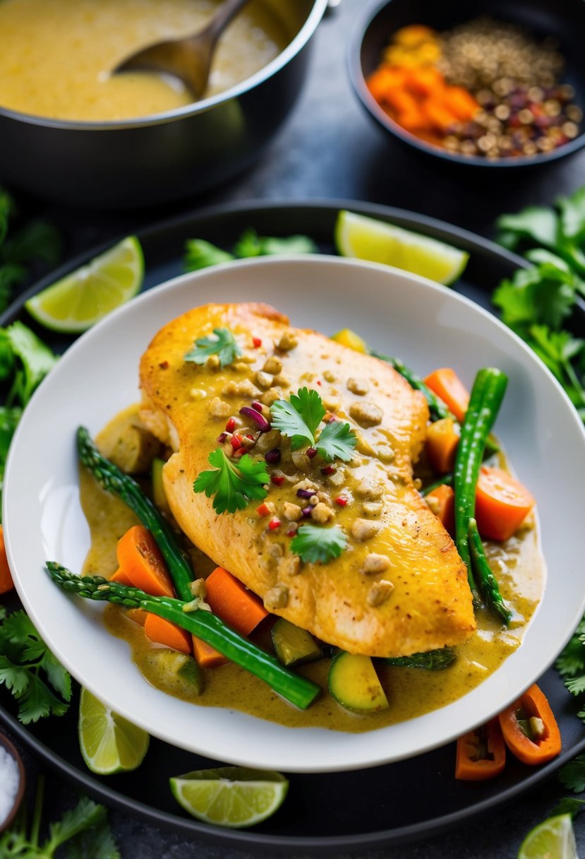 A golden-brown chicken breast topped with coconut curry sauce, surrounded by vibrant vegetables and aromatic spices