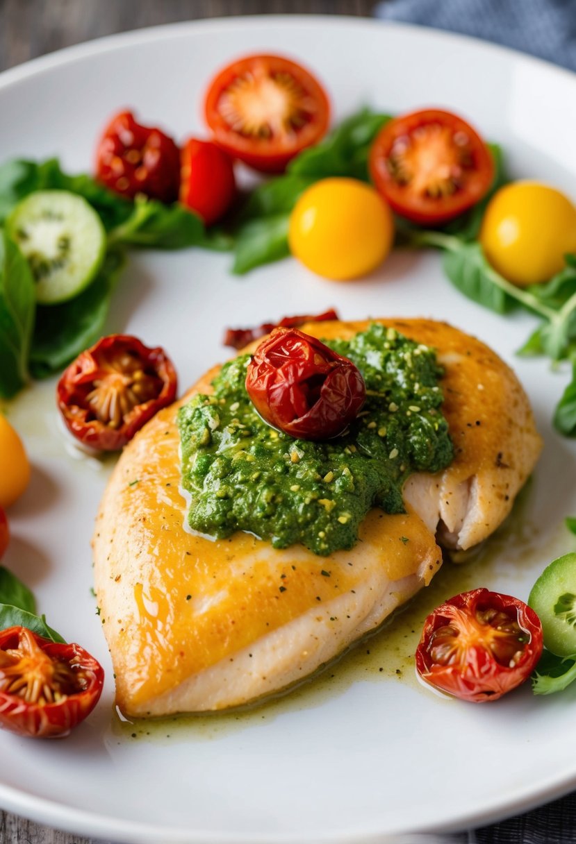 A golden-brown chicken breast topped with vibrant green pesto and sun-dried tomatoes, surrounded by colorful, fresh ingredients on a clean, white plate