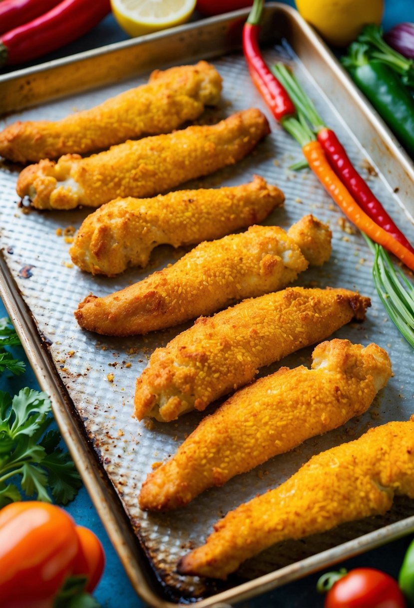 A baking sheet with golden Cajun baked chicken tenders surrounded by colorful vegetables