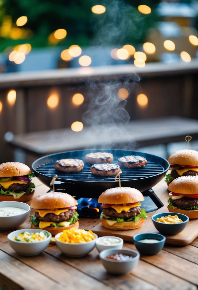 A sizzling grill cooking various burger recipes with toppings and condiments spread out on a wooden table