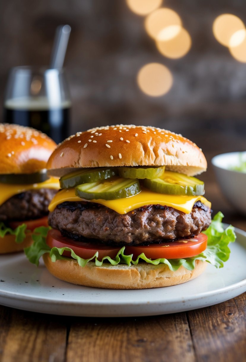 A sizzling beef patty topped with melted cheese, lettuce, tomato, and pickles, sandwiched between a toasted sesame seed bun