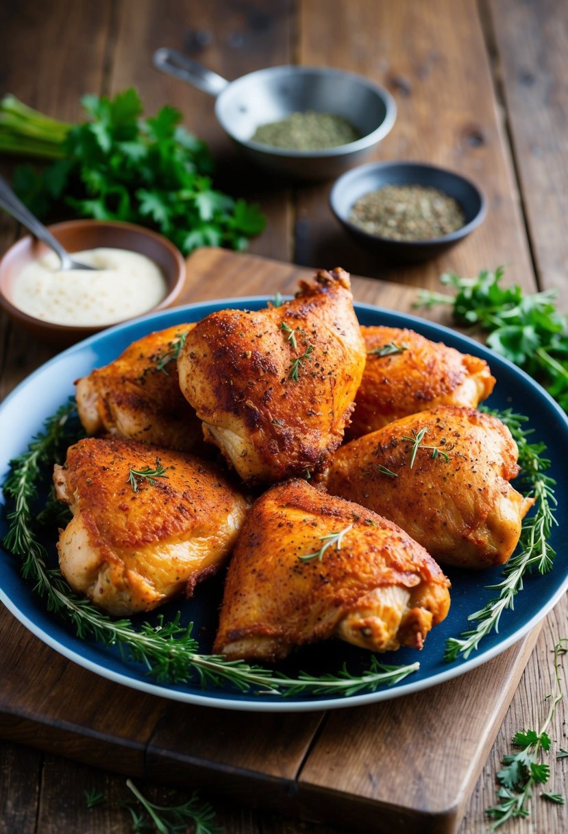 A platter of BBQ rubbed chicken quarters with a golden brown crust, surrounded by fresh herbs and spices, on a rustic wooden table