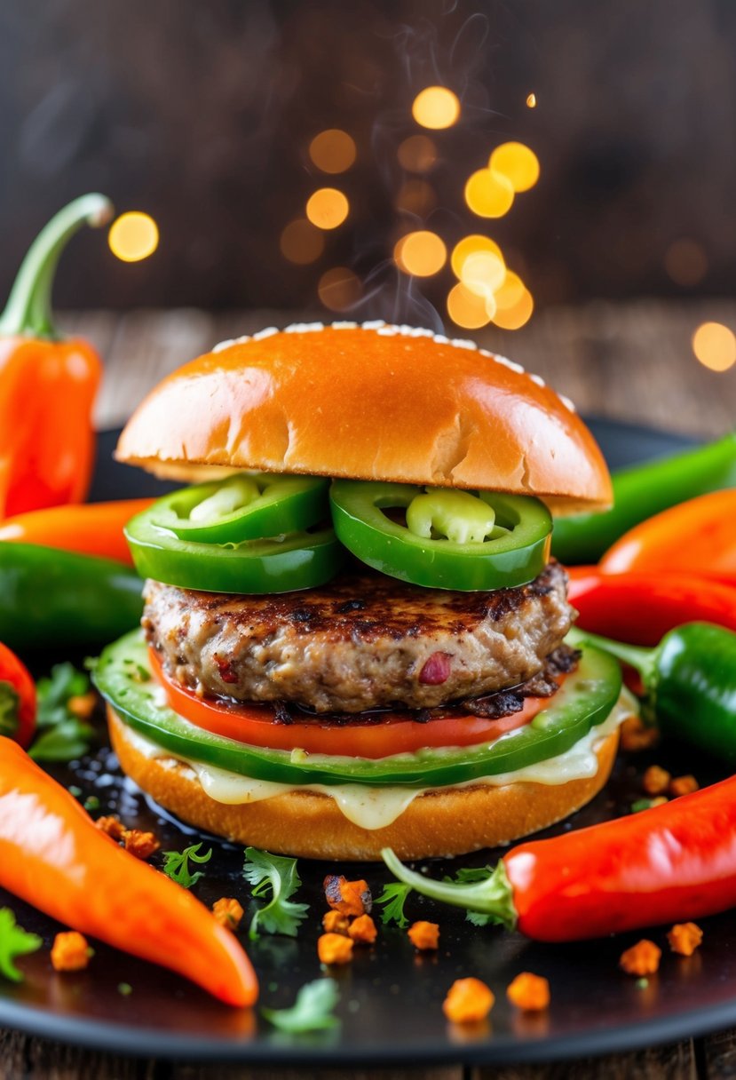 A sizzling jalapeño burger surrounded by vibrant chili peppers and spices