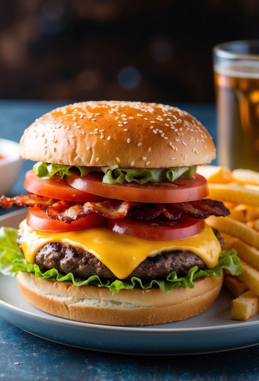 A sizzling bacon cheeseburger on a sesame seed bun with melted cheese, lettuce, tomato, and a side of crispy fries