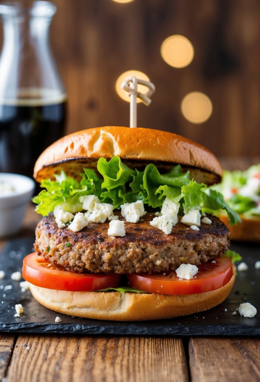 A sizzling lamb patty topped with crumbled feta, fresh lettuce, and juicy tomato slices on a toasted bun