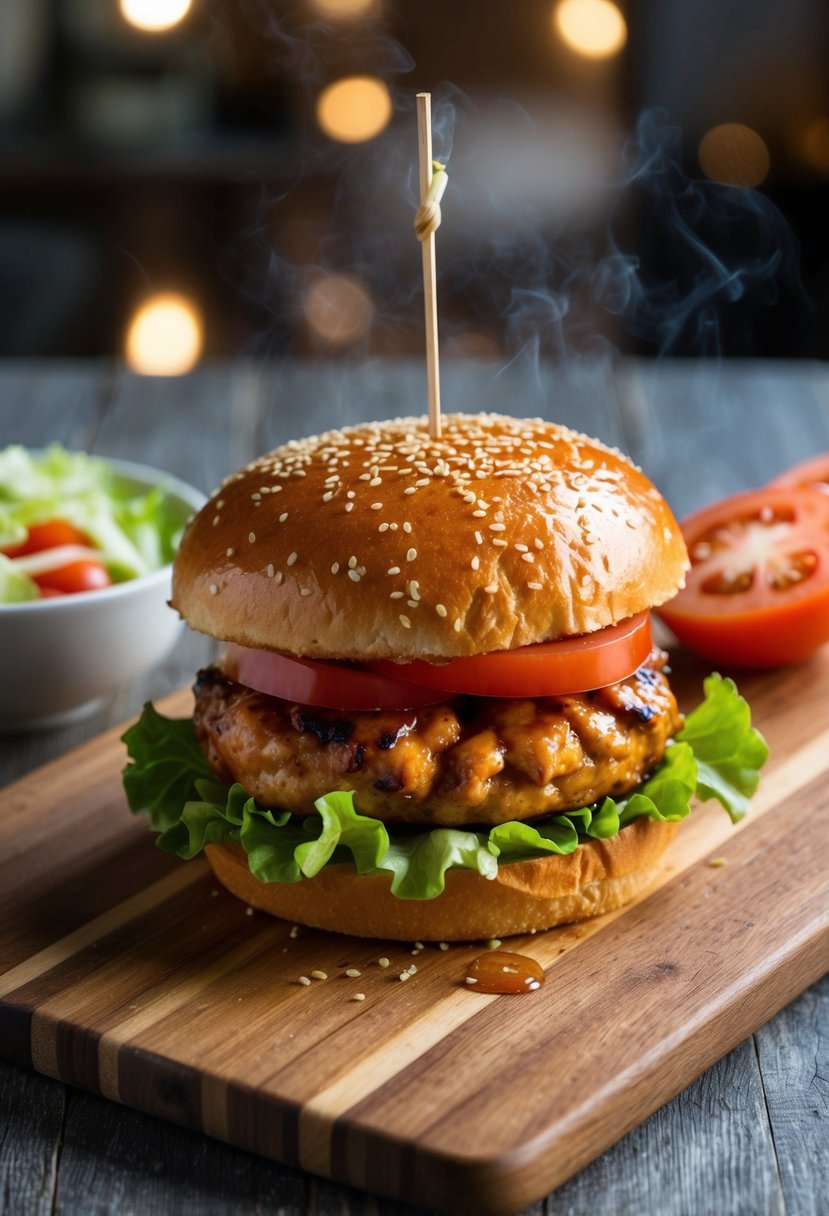 A sizzling teriyaki chicken burger with lettuce, tomato, and a toasted sesame seed bun on a wooden cutting board