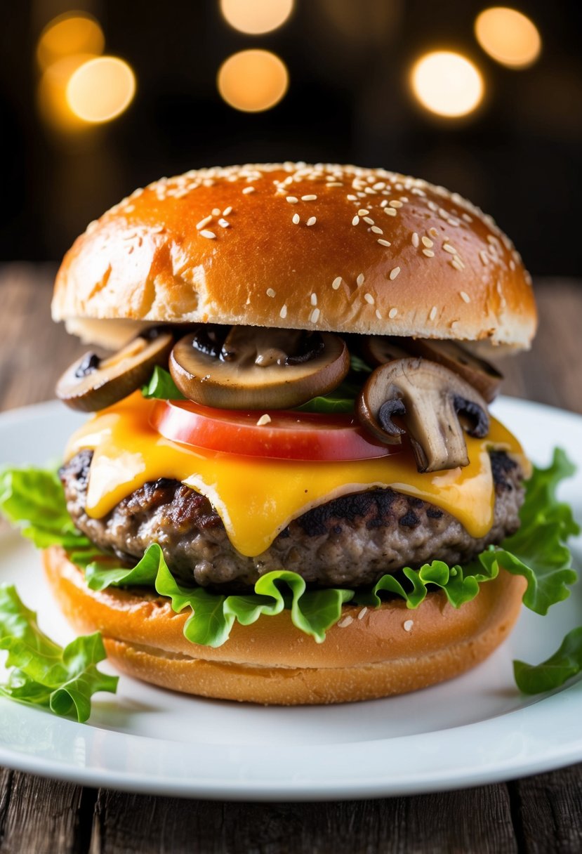 A sizzling Mushroom Swiss Burger on a sesame seed bun, topped with melted cheese, sautéed mushrooms, and fresh lettuce and tomato