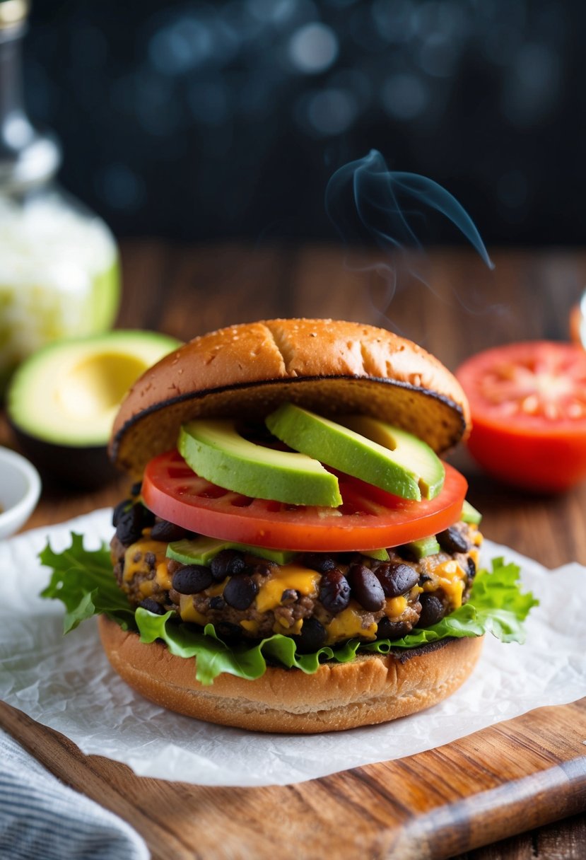 A sizzling black bean veggie burger topped with avocado, tomato, and lettuce, served on a toasted whole wheat bun