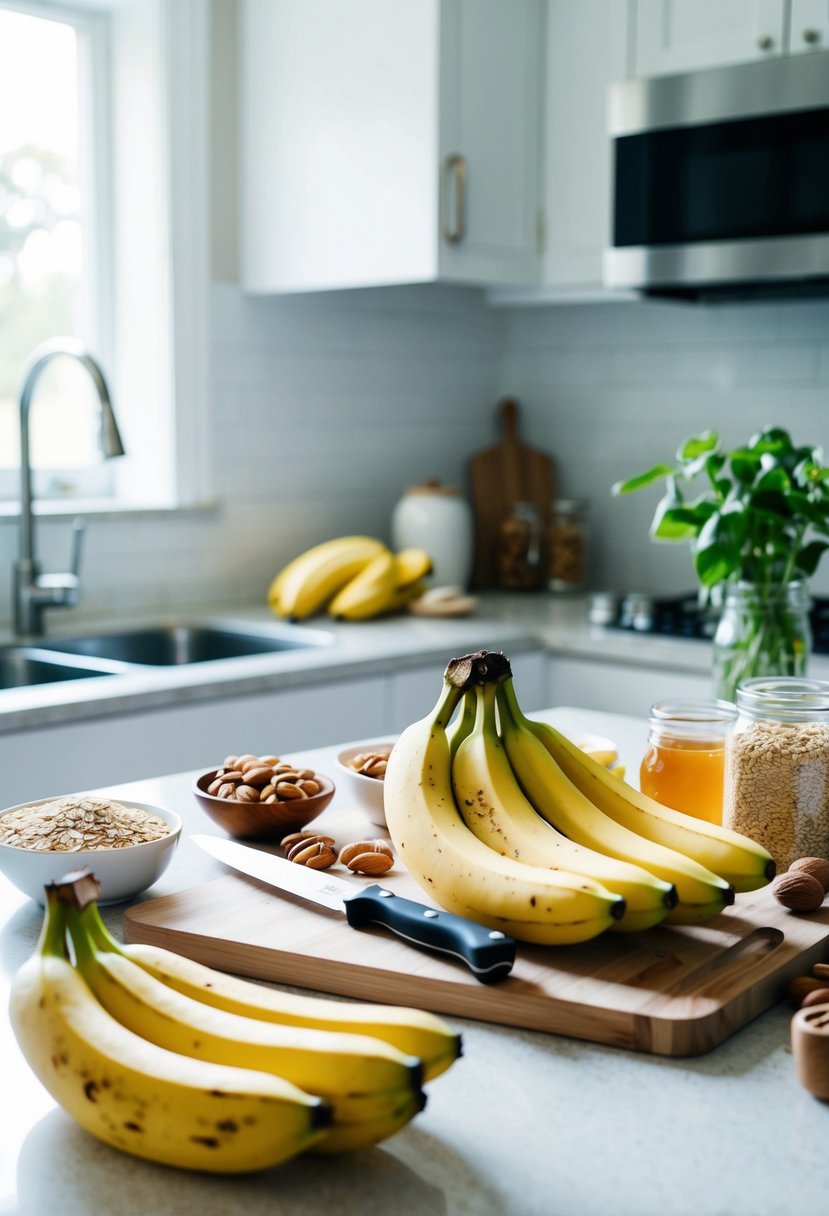 A bright kitchen counter with a bunch of ripe bananas, a cutting board, a knife, and various ingredients like oats, nuts, and honey