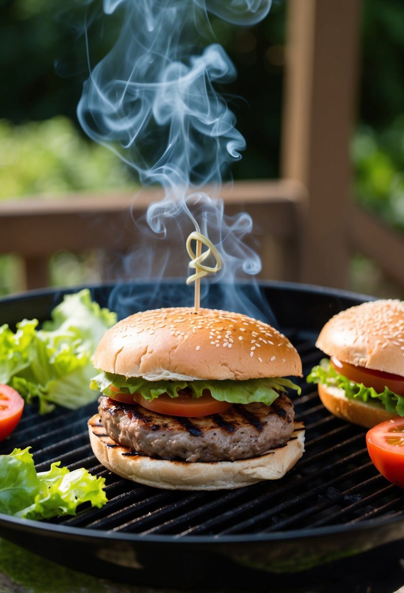 A sizzling turkey burger grilling on a BBQ with smoke rising, surrounded by fresh ingredients like lettuce, tomato, and a sesame seed bun